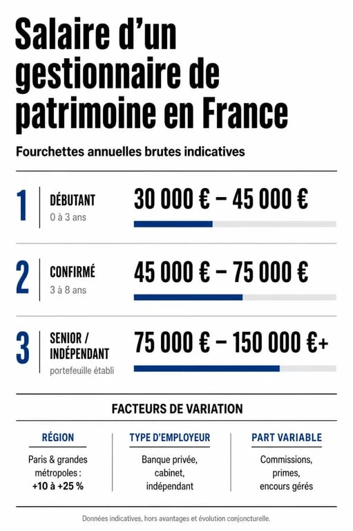 Salaire de gestionnaire de patrimoine : fourchettes par niveau d’expérience et facteurs qui font varier la rémunération