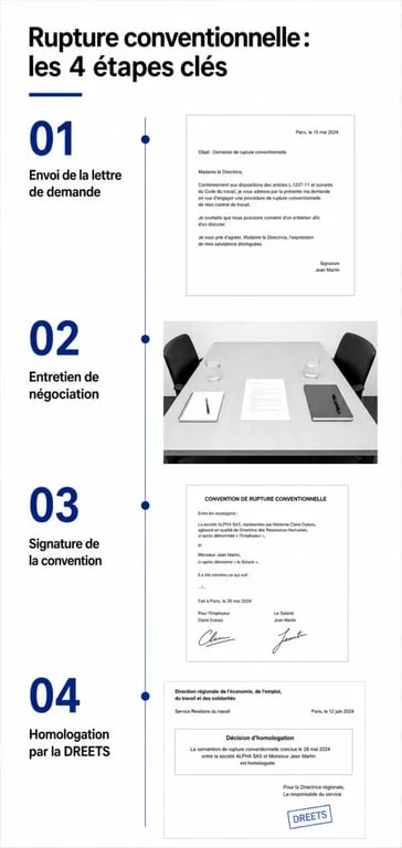 Schéma des étapes de la rupture conventionnelle : de la lettre modèle à l'homologation