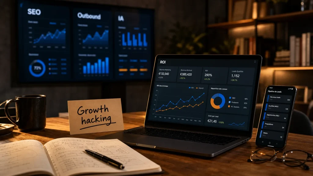 Freelance growth hacking Uclic : tableau ROI, leads et marketing