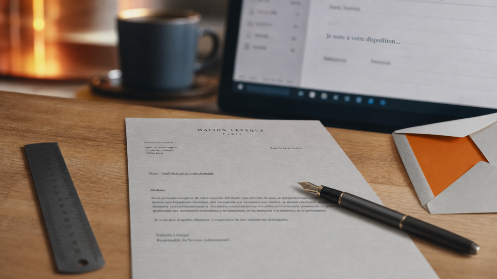 Je reste à votre disposition pour toute information complémentaire : bureau administratif, lettre et stylo.