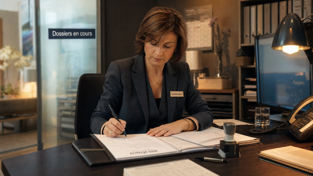 Journée type conseiller funéraire : conseillère funéraire en agence, dossiers et démarches