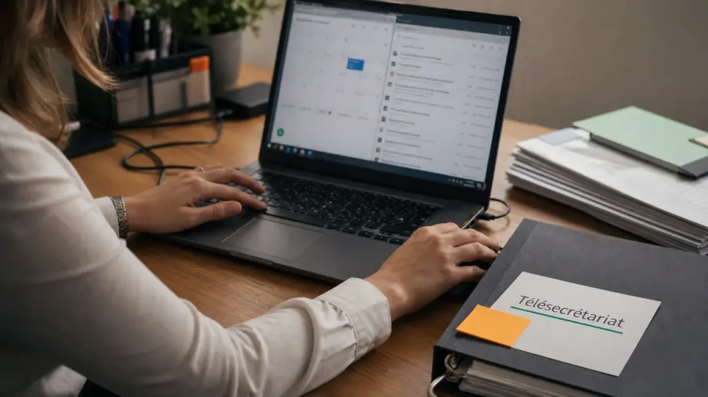 Secrétaire télétravail au bureau à domicile, ordinateur et documents