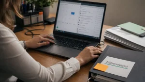 Secrétaire télétravail au bureau à domicile, ordinateur et documents