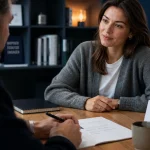 Coaching professionnel : coach et cliente pour transition et confiance