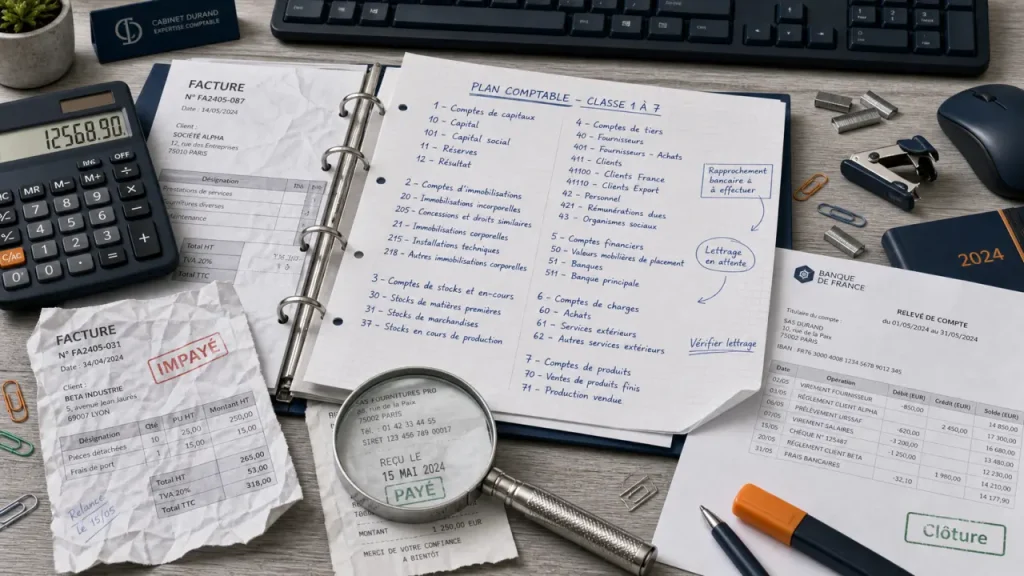 Comptabilité fiche métier : clavier, calculatrice et clôture comptable PME, cabinet ou grande entreprise