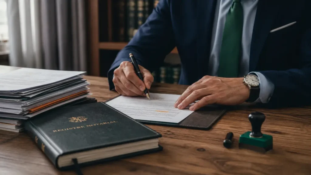 Devenir notaire à 40 ans, signature sur registre notarial