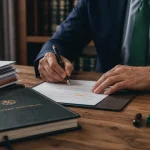 Devenir notaire à 40 ans, signature sur registre notarial