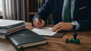 Devenir notaire à 40 ans, signature sur registre notarial