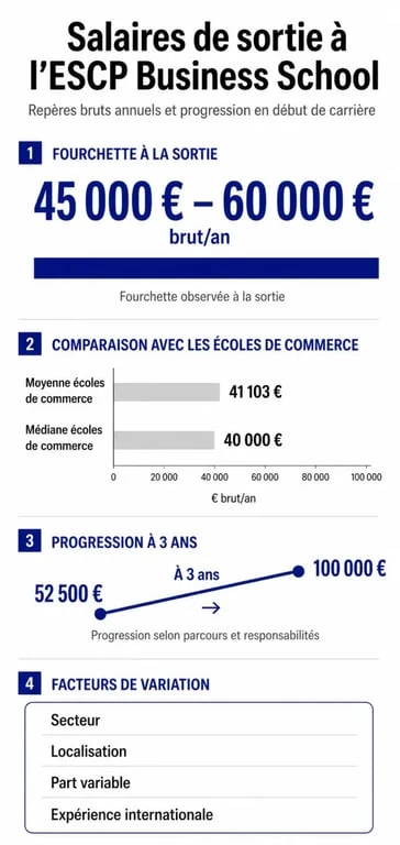 Salaire sortie ESCP : infographie sur les fourchettes de rémunération et la progression de carrière