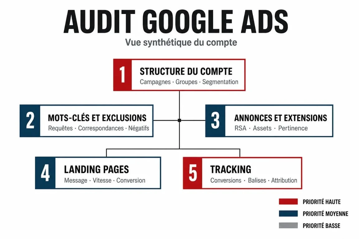Illustration éditoriale d’un audit adwords montrant la structure du compte, les mots-clés, les annonces, les landing pages et le tracking avec des priorités claires