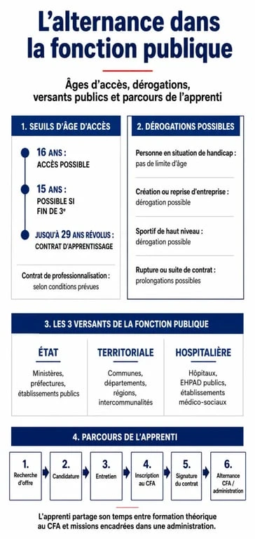 Alternance dans la fonction publique : schéma des âges d’accès, des dérogations et du parcours d’apprentissage