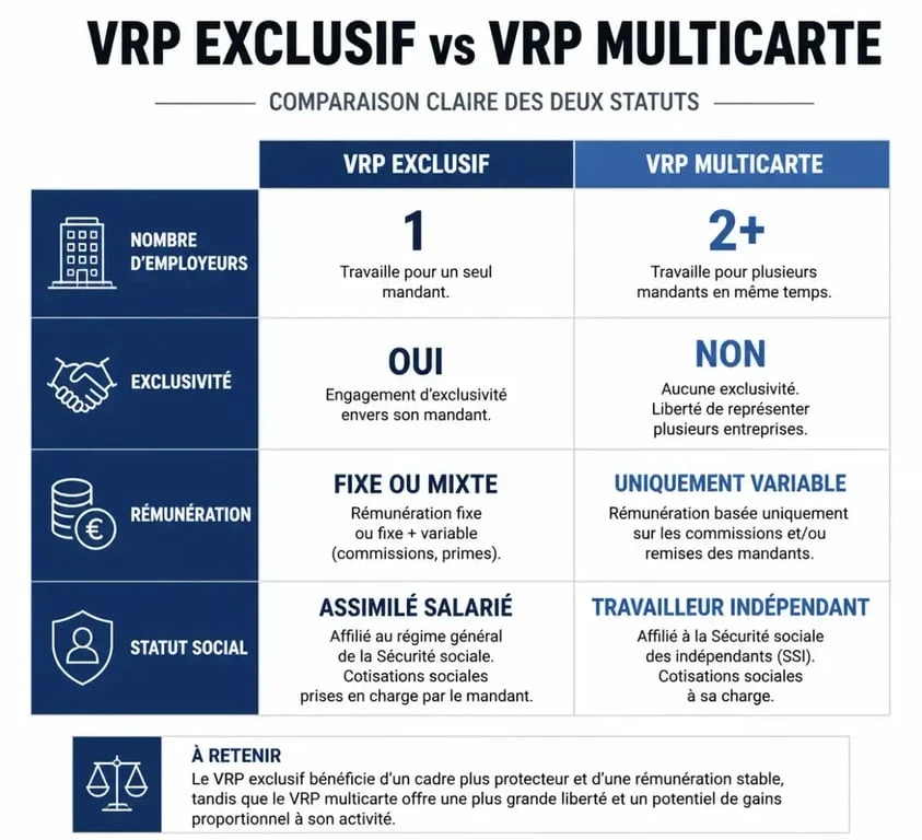 Tableau comparatif des différences entre VRP exclusif et VRP multicarte pour la rédaction d'un contrat VRP