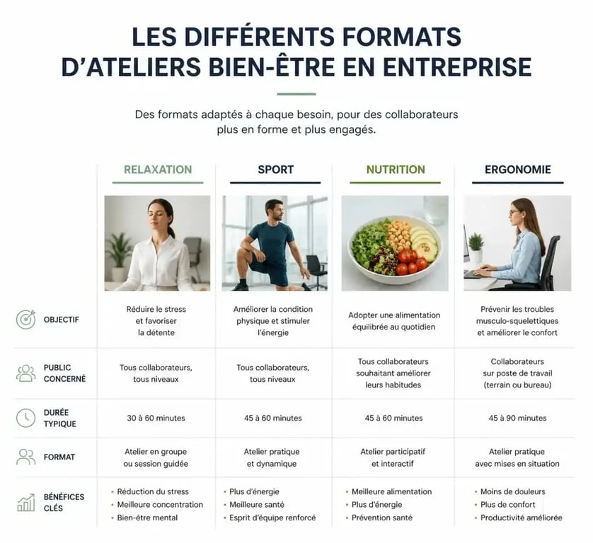 Typologie des formats d'atelier bien être entreprise pour choisir la solution adaptée
