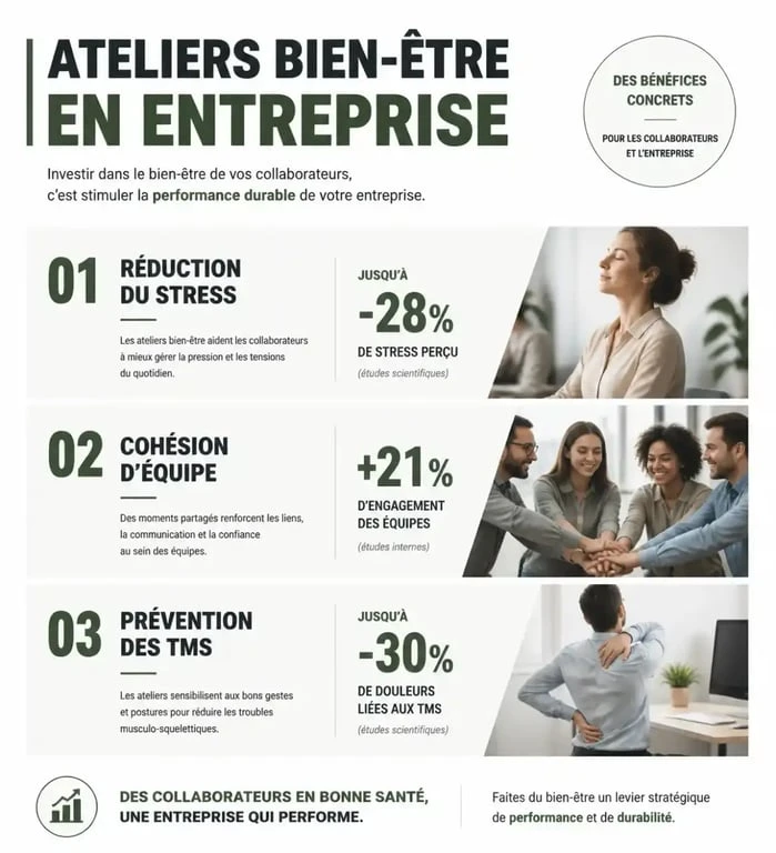 Infographie des bénéfices d'un atelier bien être entreprise pour la santé et la productivité