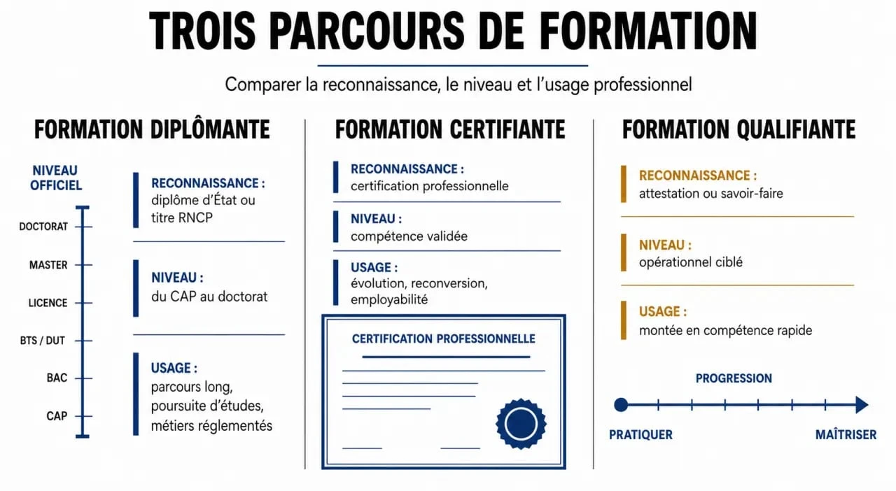 Formation diplômante : comparaison visuelle avec formation certifiante et qualifiante
