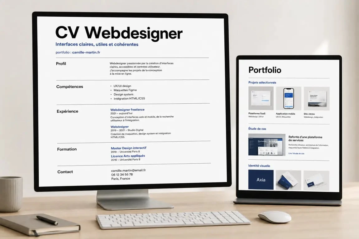 Exemple de cv webdesigner clair avec portfolio visible et mise en page hiérarchisée