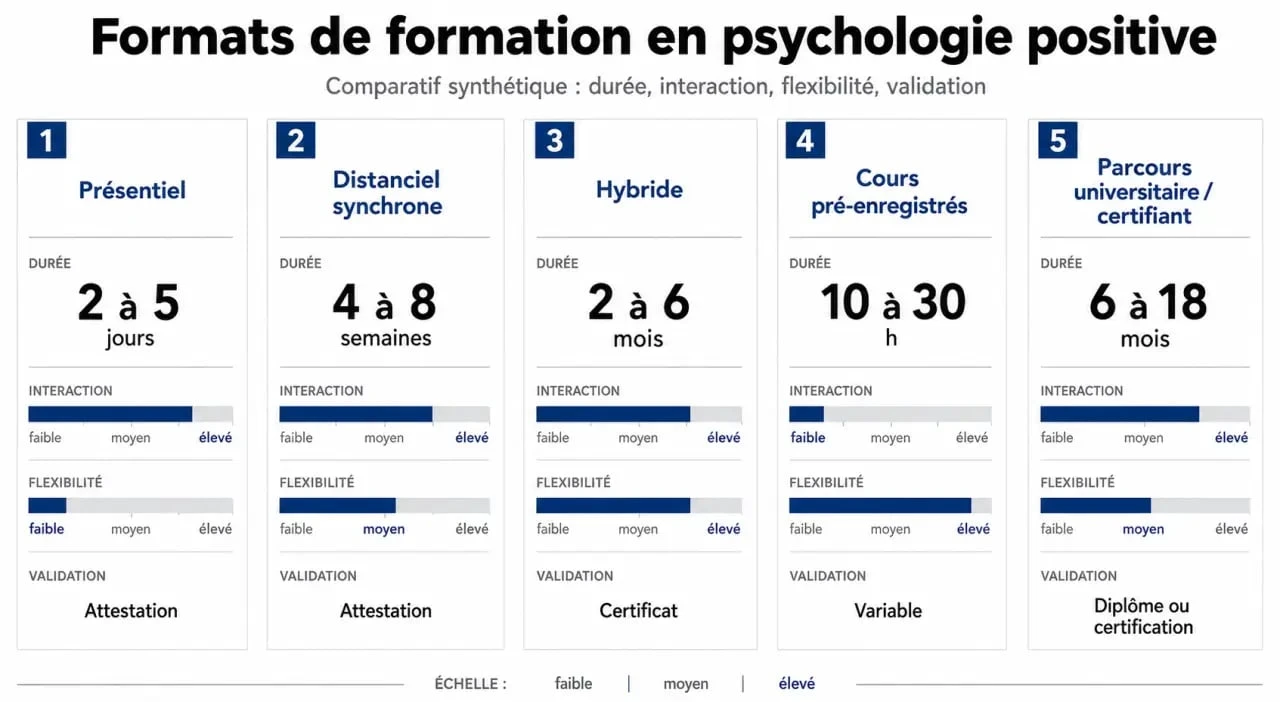 Comparatif des formats de formation psychologie positive selon durée, validation et flexibilité