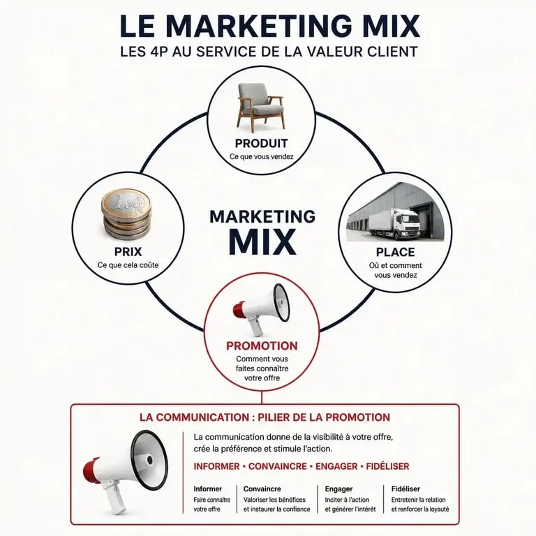 Schéma du marketing mix 4P illustrant la différence entre marketing et communication