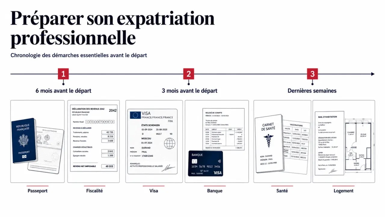 Travailler à l’étranger : les étapes à préparer avant une expatriation professionnelle, chronologie visuelle des démarches avant départ