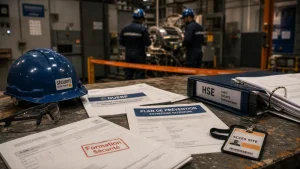 Formation sécurité au travail : documents HSE et casque sur site industriel