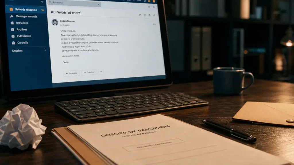 Mail depart entreprise : boîte mail « Au revoir et merci » sur un écran