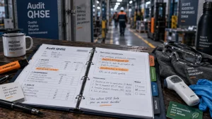 Audit QHSE : classeur d’audit, QHSE et EPI sur table