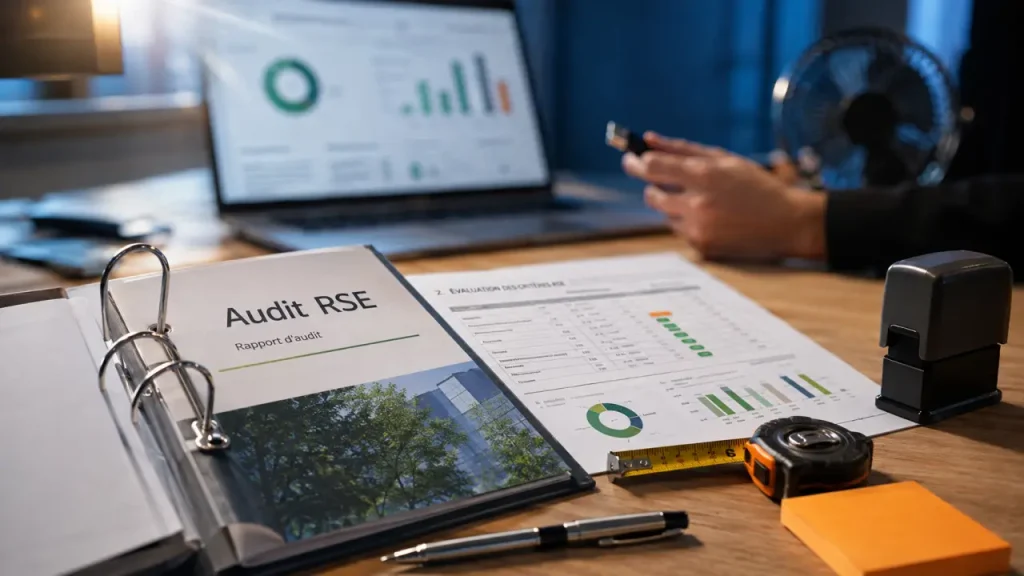 Audit RSE : classeur et documents d’audit en réunion