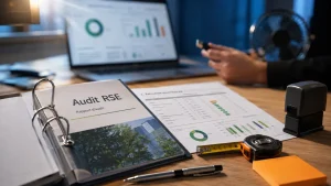 Audit RSE : classeur et documents d’audit en réunion