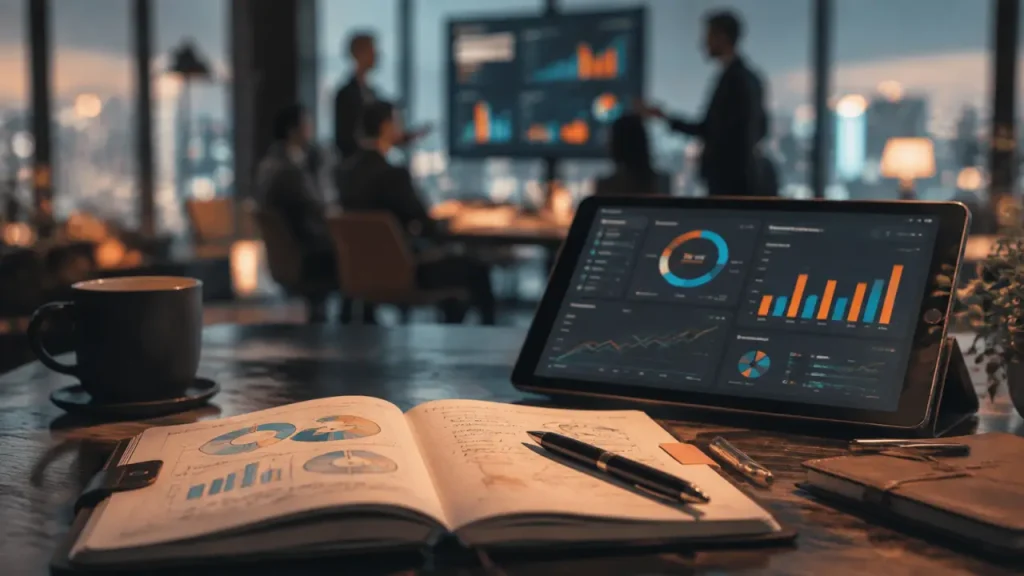 Directeur marketing externalisé, stratégie et KPI sur une tablette