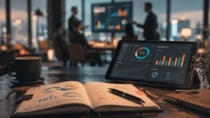 Directeur marketing externalisé, stratégie et KPI sur une tablette