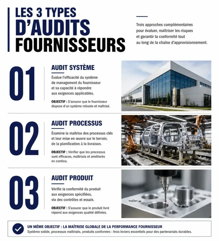 Infographie sur les trois types d'audit fournisseur : système, processus et produit