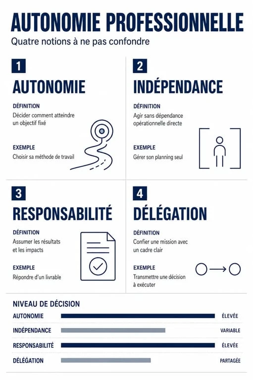 Autonome travail : schéma comparatif entre autonomie, indépendance, responsabilité et délégation