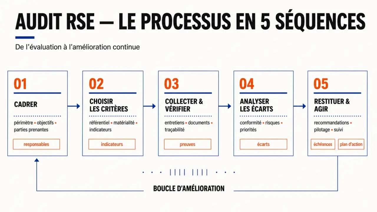 Infographie des cinq étapes d’un audit RSE, du cadrage au plan d’action