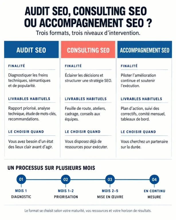Infographie sur l'accompagnement SEO comparant audit SEO, consulting SEO et suivi mensuel
