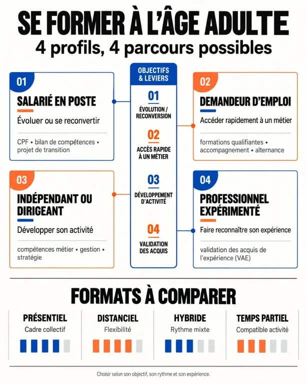 Infographie sur les parcours de formation adulte selon le statut et l’objectif professionnel