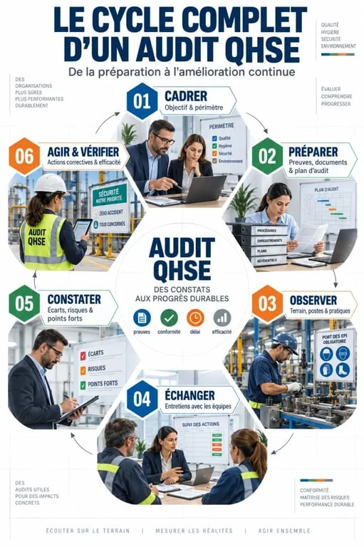 Infographie du cycle d’un audit QHSE, de la préparation à la vérification des actions correctives