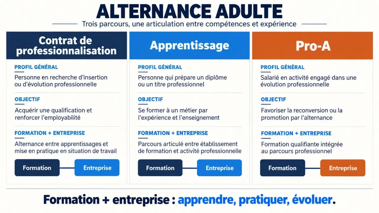 Infographie comparative sur l'alternance adulte entre professionnalisation, apprentissage et Pro-A
