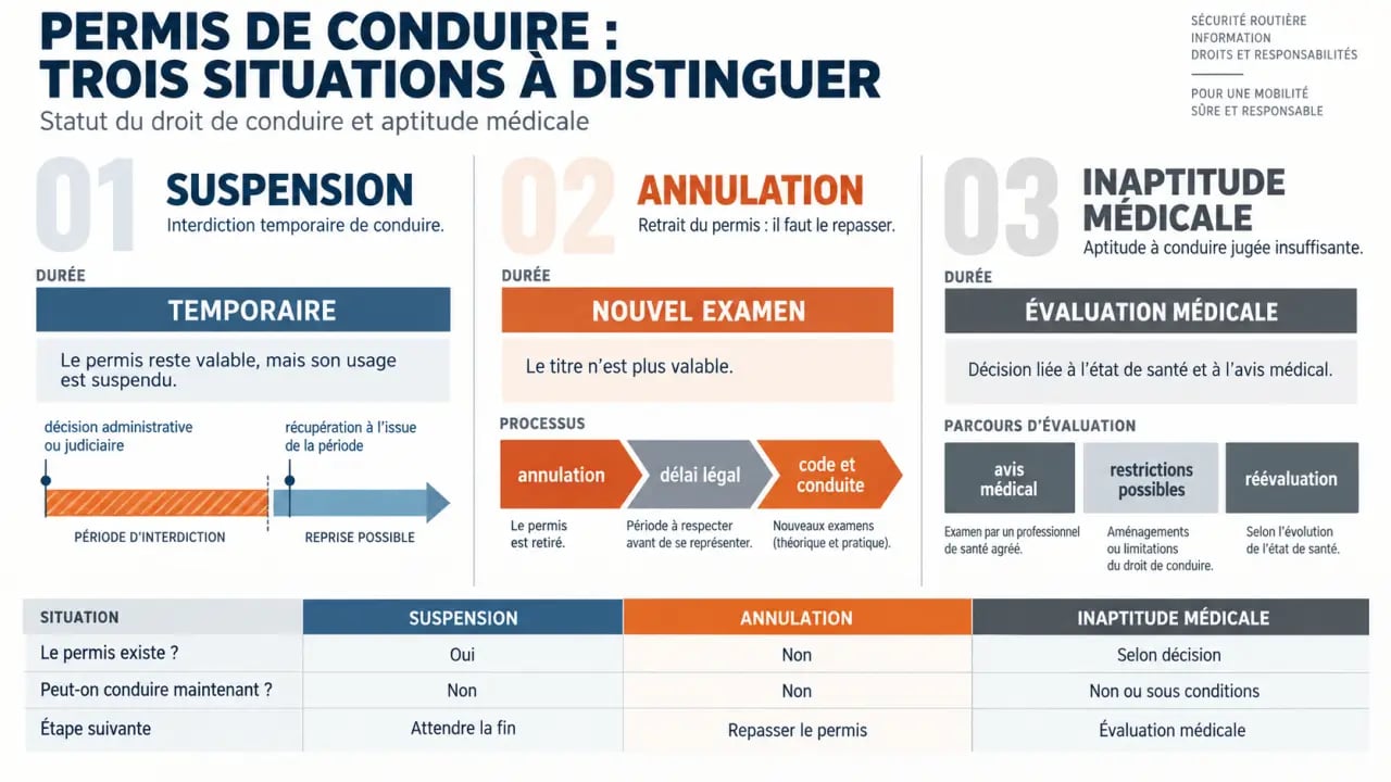 Infographie comparative des statuts du permis de conduire : suspension, annulation et inaptitude médicale