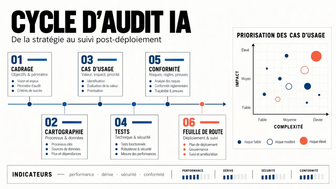 Infographie sur les étapes d’un audit intelligence artificielle, de la cartographie des risques à la feuille de route