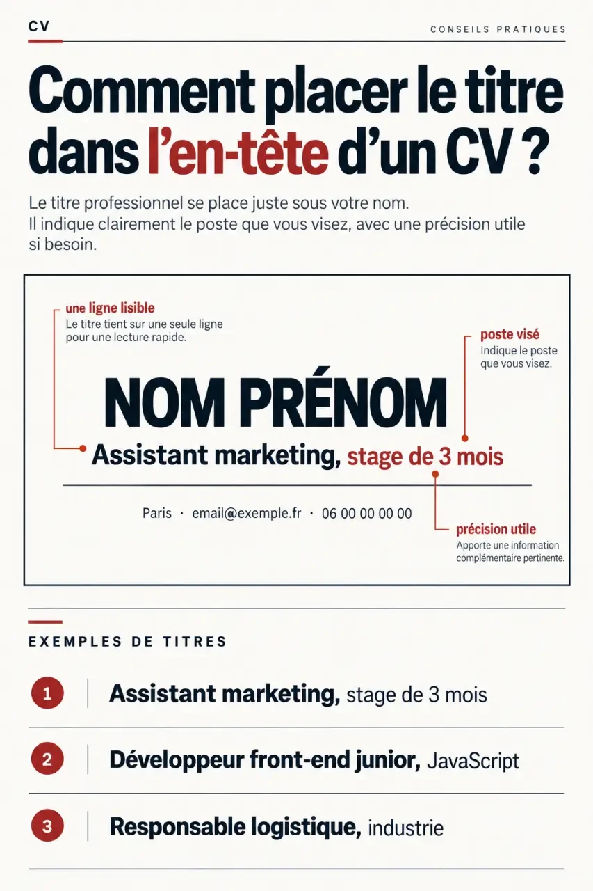 Exemple titre CV placé dans l’en-tête avec modèles pour stage, premier emploi et profil confirmé