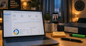 Formation marketing digital à distance : ordinateur et tableau d’analytics en visio